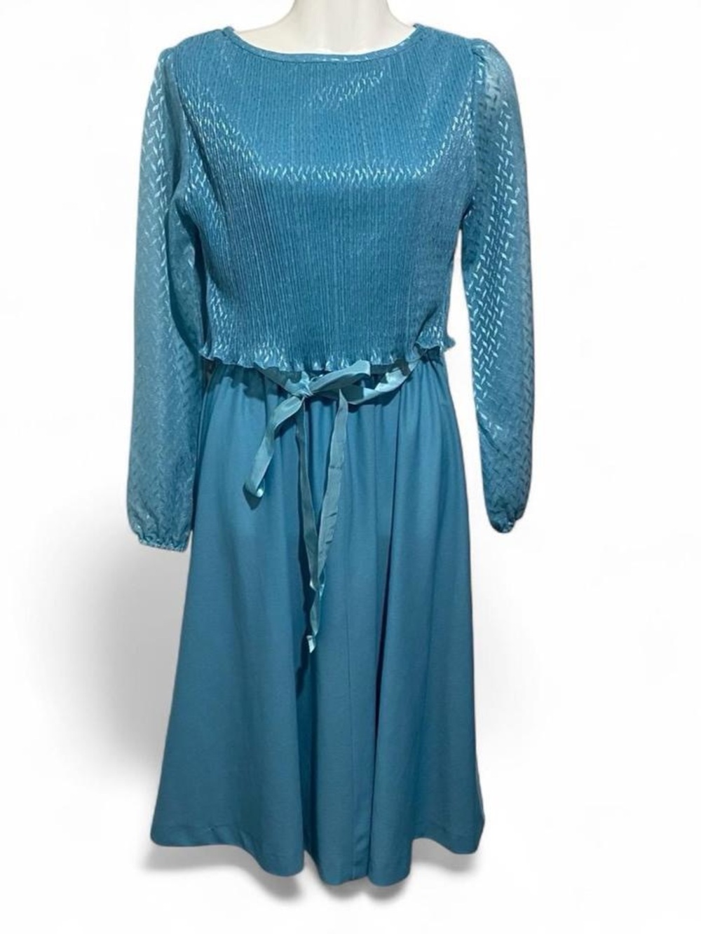 Vintage Teal Blue Long-Sleeve Smocked Waist Dress